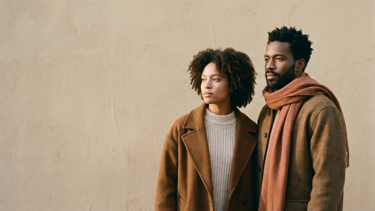 Homem e mulher em sobreposições de inverno — tricô claro, sobretudo de lã e cachecol terracota — em tons quentes terrosos